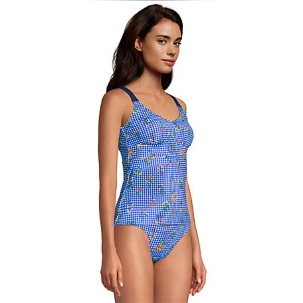 New Lands' End Botanical Check Floral Print Swim Tankini Top Size 6 Classic Boho